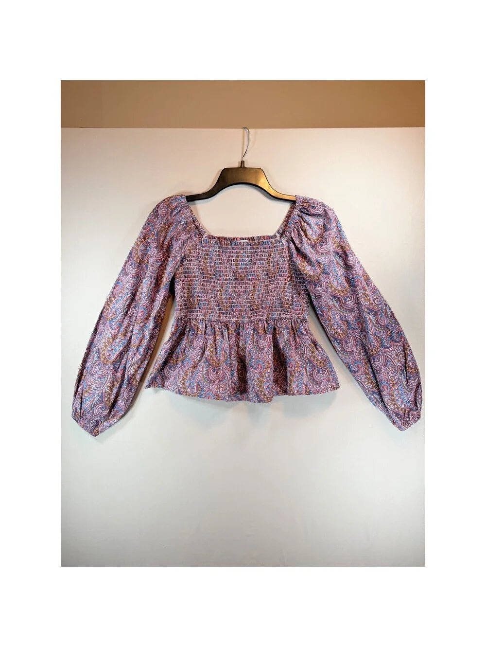 J.Crew Liberty Fabric Paisley Smocked Peplum Top Pink Blue Cotton Small
